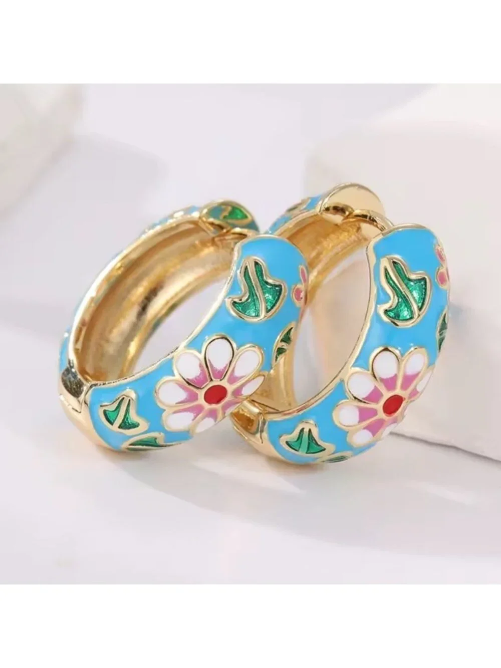 Cuff Colourful Enamel Floral Hoop Earrings – Blue & Gold Statement Retro Style